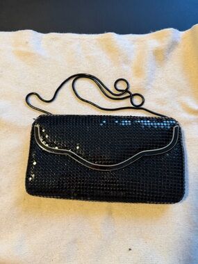 Black Metallic Mesh Clutch Evening Bag Silver Frame Convertible Shoulder Bag